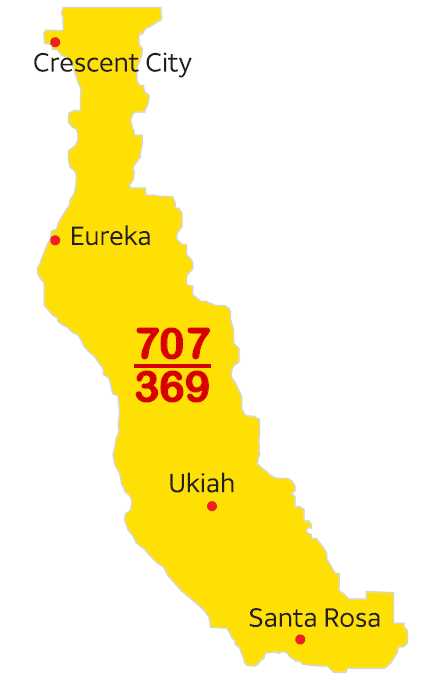Map of the coverage of the 707 and 369 area codes