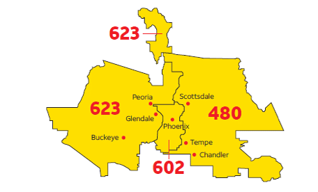 Map of dial plan change to 602 & 623 area codes